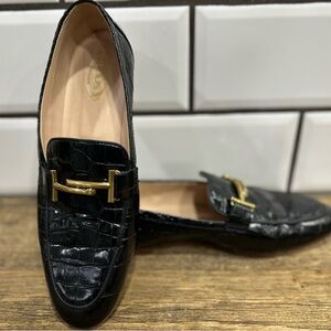 Tod's Black Crocodile Embossed Loafers with Gold Accent